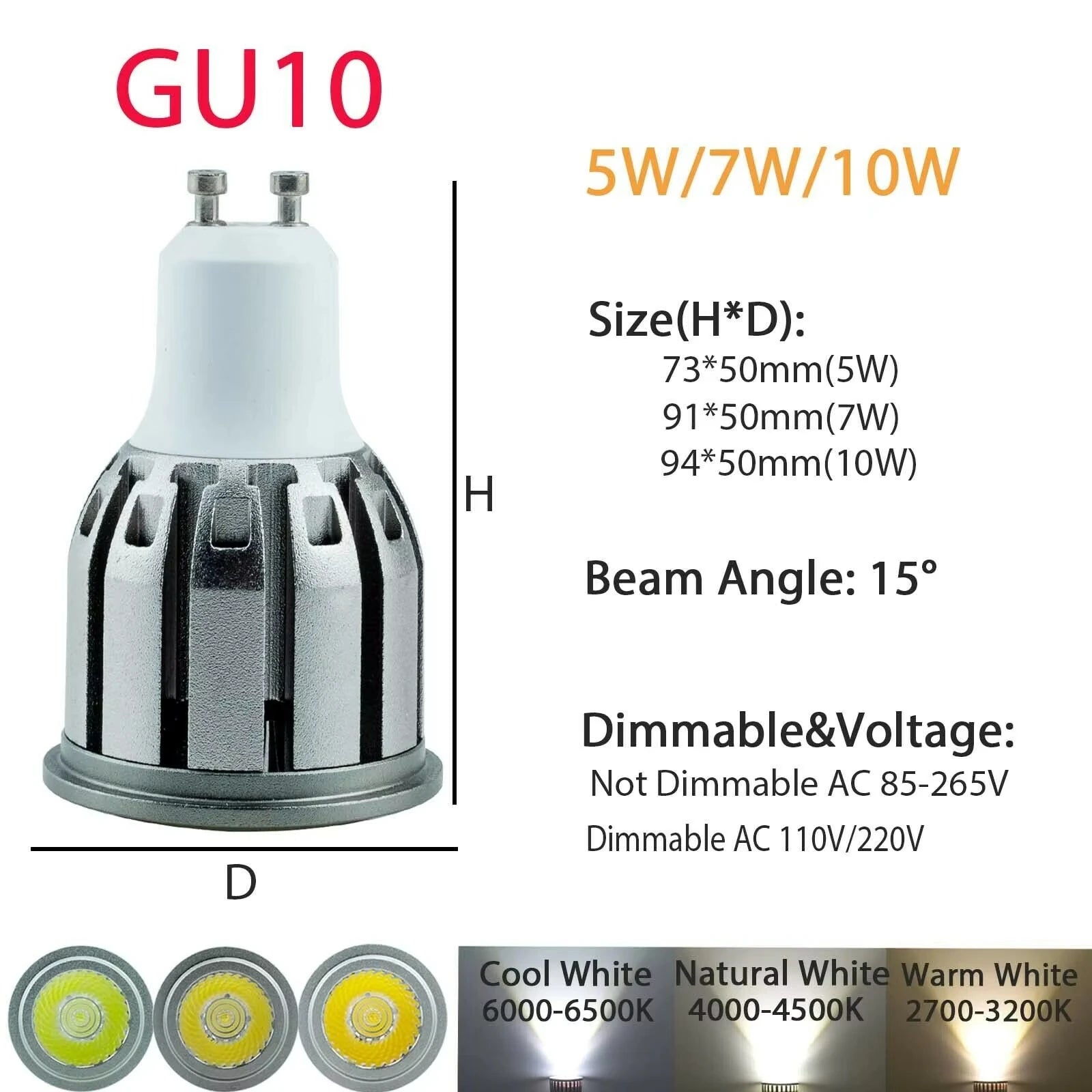 COB LED Spotlight Bulb 5W 7W 10W 15 Degree Epistar Multi Base E26 E12 E14 GU10 B22 Dimmable or Non-Dimmable AC 110V 85-265V Warm Neutral Cool White