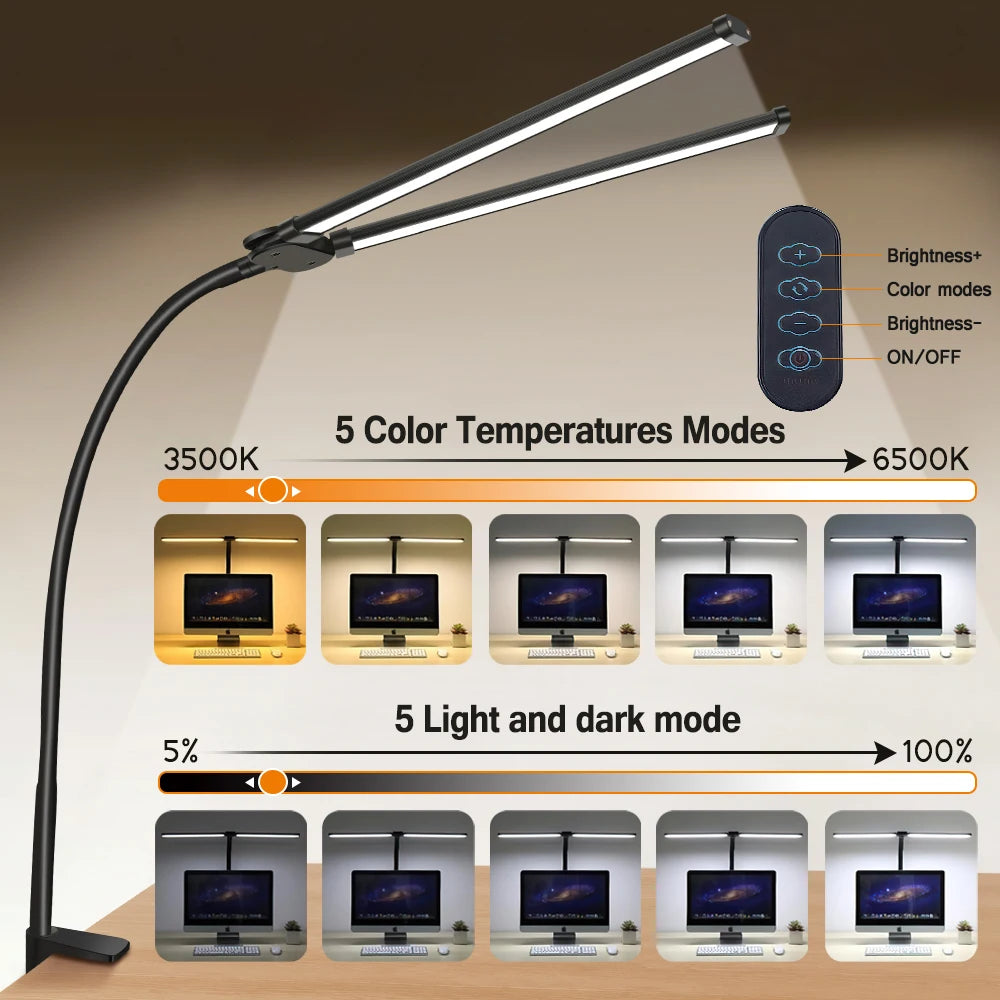 Double-Head Clip LED Desk Lamp 3-Color Mode 10 Dimming Levels Touch Switch AC 90-260V