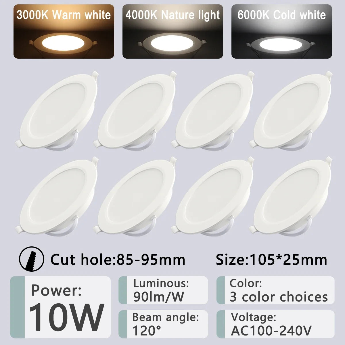 8-Pack LED Recessed Downlight 3 4 5 6 8 Inch 3-CCT 3000K 4000K 6000K AC 110-240V Round