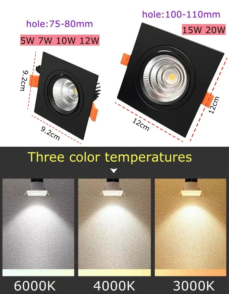 Dimmable Square COB LED Recessed Downlight 5W 7W 10W 12W 15W 20W Anti-Glare 85-265V