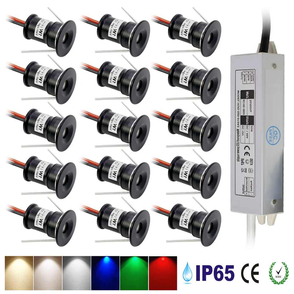 1W DC 12V Mini Recessed LED Spotlight Kit 15mm Cutout IP65 30° 120° with AC Power Supply