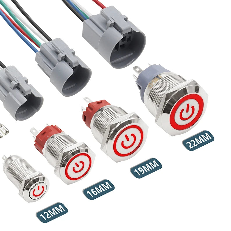 IP65 Waterproof Metal Push Button Switch 12mm 16mm 19mm 22mm 3A Copper LED Indicator 12V 24V Momentary Flat Circular Panel Mount