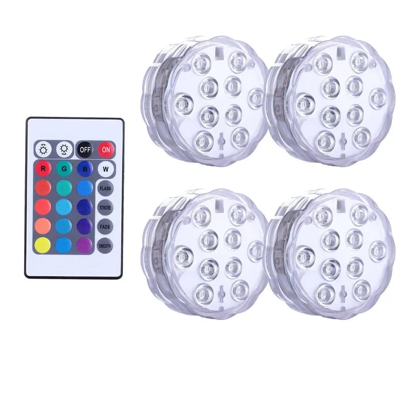 IP68 Submersible LED Pool Light 10 LED RGB 16 Colors Remote Control Battery Powered 2.4W Vase Fish Tank Pond Party 7x7x2.8cm