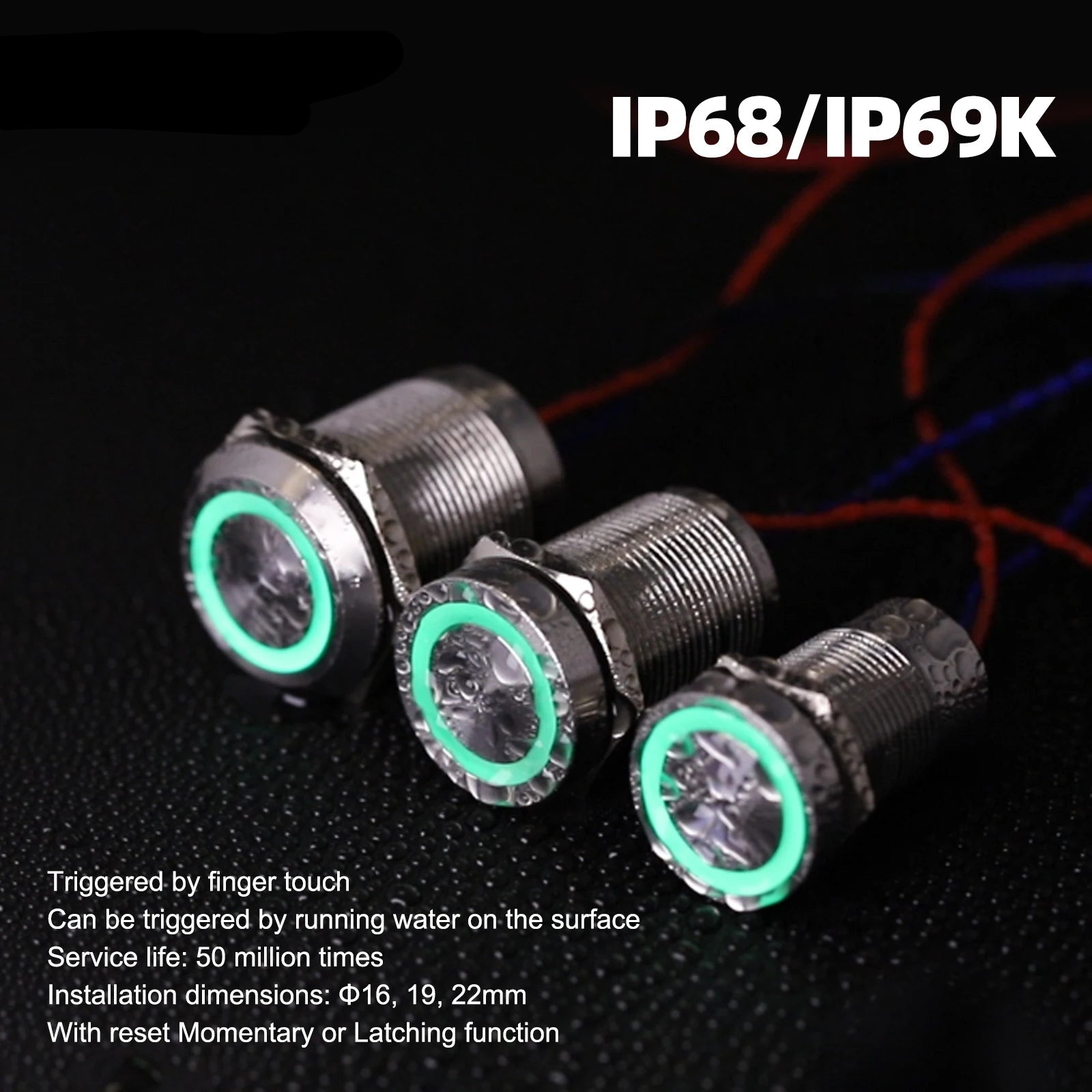 IP68 IP69K Capacitive Touch Push Button Switch 16mm 18mm 22mm 5V 12V 24V DC Momentary or Latching Red Green Bicolor LED Plastic