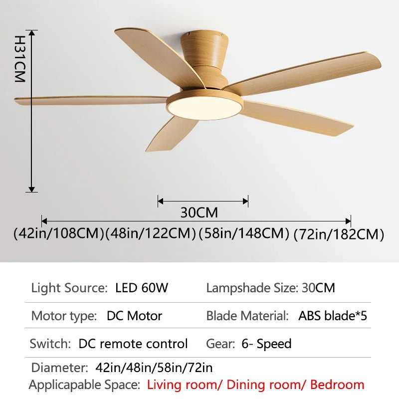 Ceiling Fan with LED Light 42 48 58 72 Inch DC Motor 6-Speed Remote Control 110-220V