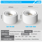 Dimmable COB LED Surface Mount Downlight 5W-18W CRI 92+ 36° IP65 Anti-Glare AC 85-265V