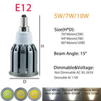 COB LED Spotlight Bulb 5W 7W 10W 15 Degree Epistar Multi Base E26 E12 E14 GU10 B22 Dimmable or Non-Dimmable AC 110V 85-265V Warm Neutral Cool White