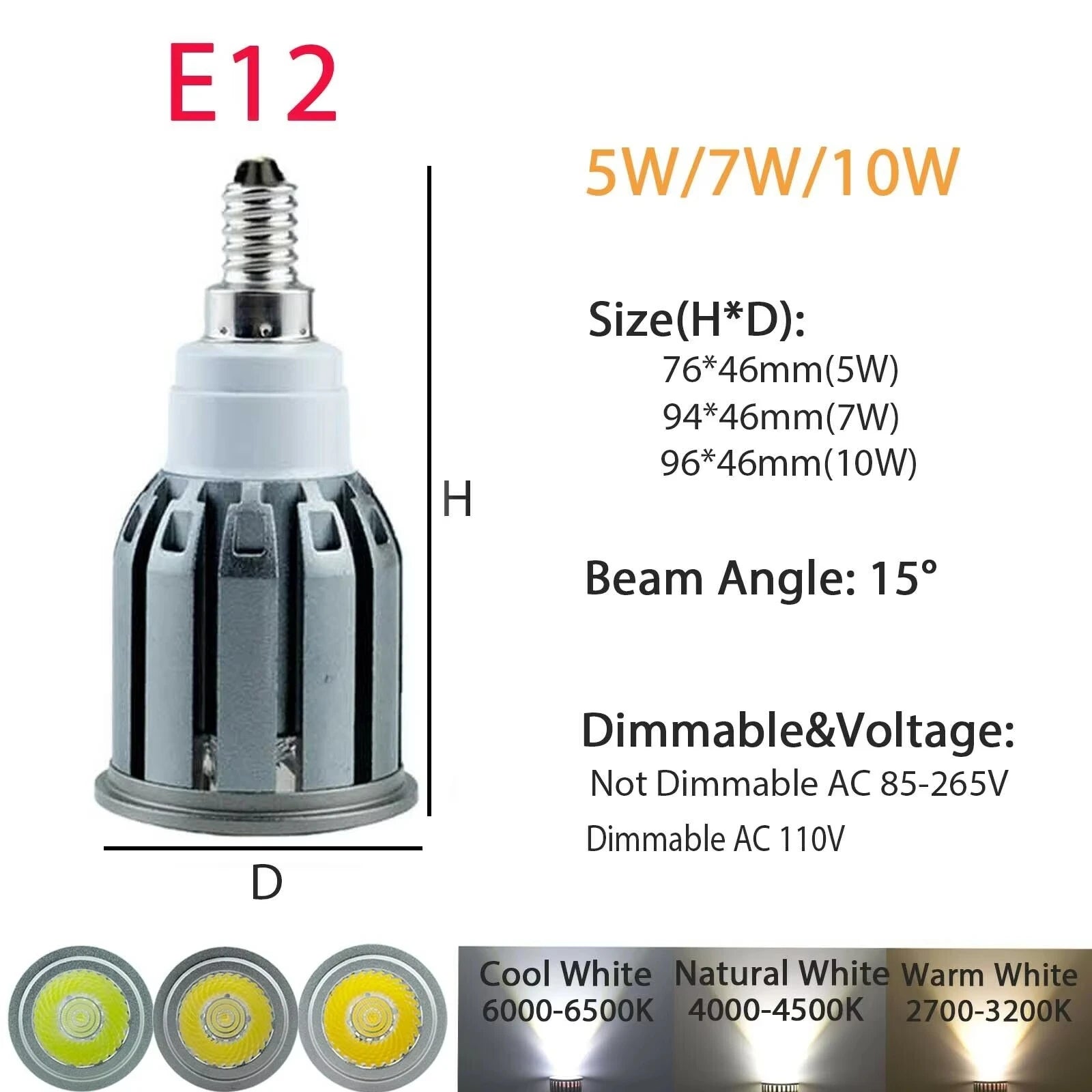 COB LED Spotlight Bulb 5W 7W 10W 15 Degree Epistar Multi Base E26 E12 E14 GU10 B22 Dimmable or Non-Dimmable AC 110V 85-265V Warm Neutral Cool White