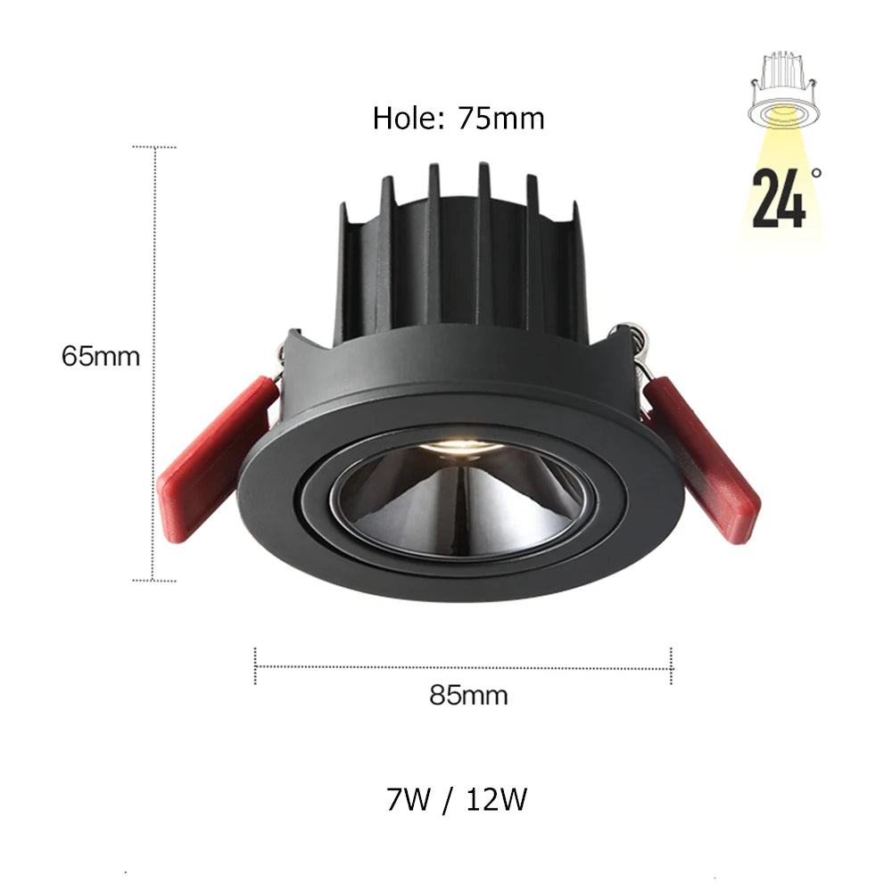 Dimmable Anti-Glare Adjustable Beam COB LED Recessed Downlight 7W 12W CRI 90+ 85-265V