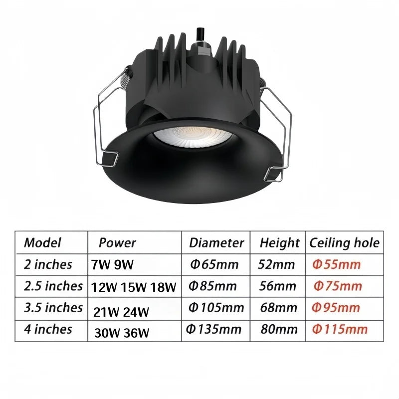 IP65 Waterproof COB LED Recessed Downlight 7W 9W 12W 15W 18W 21W 24W 30W 36W Die Cast Aluminum CRI 85 24 Degree AC 85-265V Driver Included