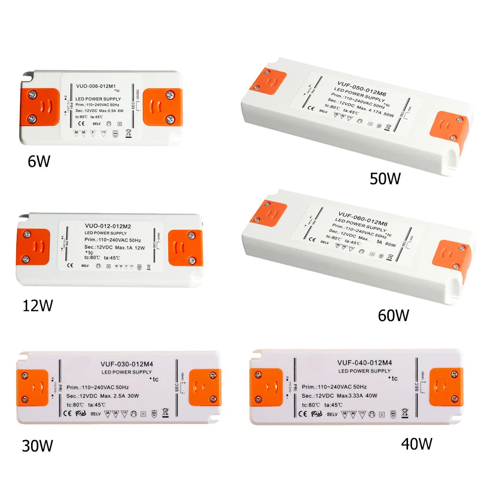 Ultra-Slim LED Driver Transformer 6W 12W 15W 20W 30W 50W 60W AC 110-240V to DC 12V 24V