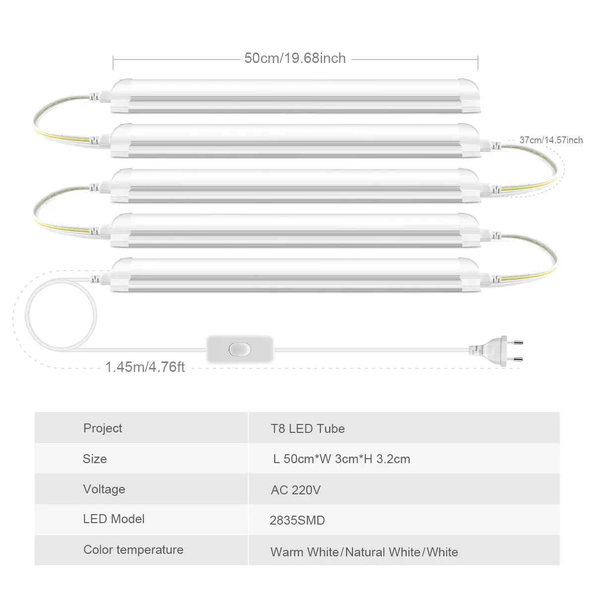 T8 LED Bar Tube Light 25W 50cm 270-Degree SMD2835 Cabinet Kitchen Showcase 110-220V 1-6 Pack