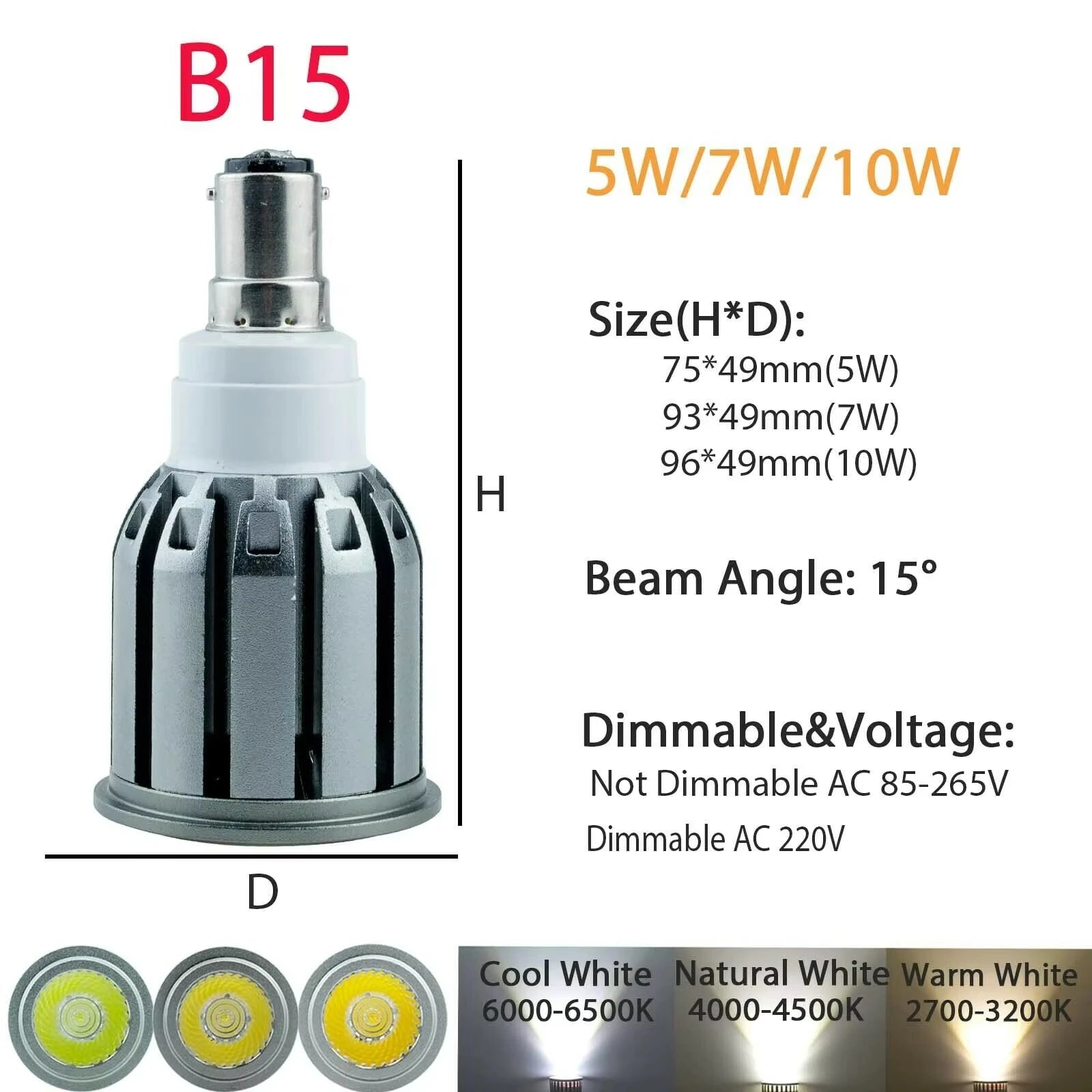 COB LED Spotlight Bulb 5W 7W 10W 15 Degree Epistar Multi Base E26 E12 E14 GU10 B22 Dimmable or Non-Dimmable AC 110V 85-265V Warm Neutral Cool White
