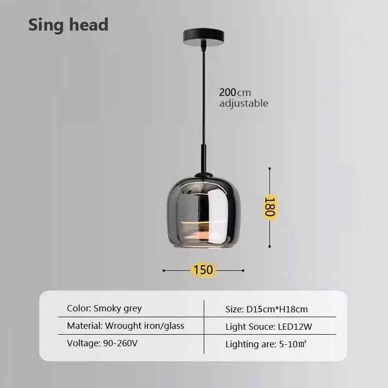 Modern LED Glass Pendant Light 12W 36W Gray Plated Full-Spectrum Touch Switch AC 90-260V
