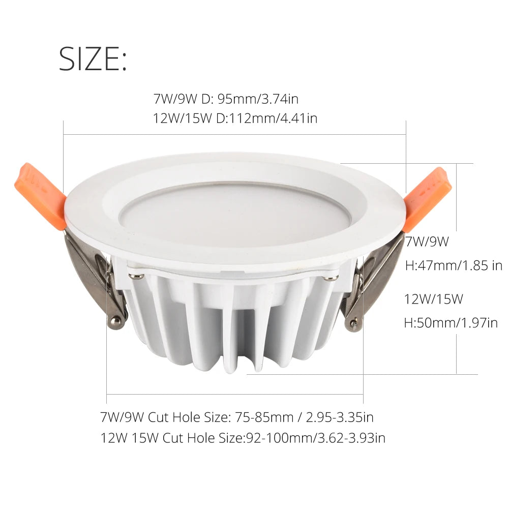 IP65 Waterproof LED Recessed Downlight 7W 9W 12W 15W SMD5630 Epistar 85-265V Bathroom