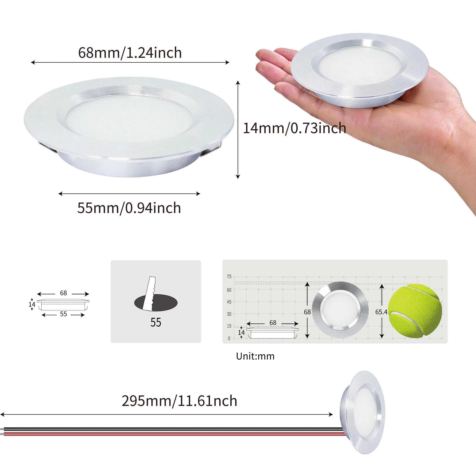 3W DC 12V Mini LED Recessed Spotlight D68mm 55mm Cutout 120° CRI 80+ Silver Aluminum