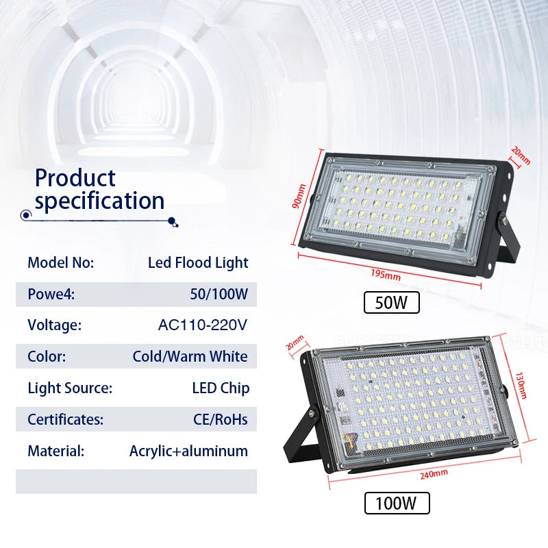 50W 100W IP65 LED Flood Light SMD2835 CRI 85+ 180° AC 110-220V Warm Cool White Aluminum