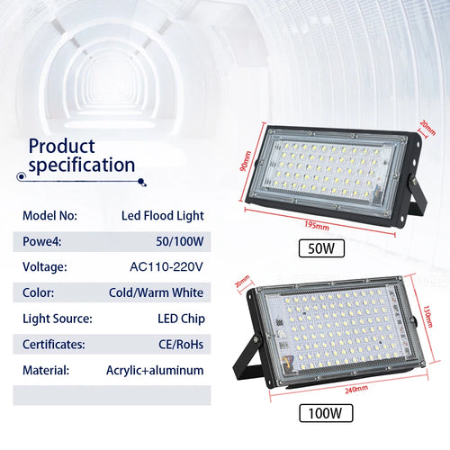 50W 100W IP65 LED Flood Light SMD2835 CRI 85+ 180° AC 110-220V Warm Cool White Aluminum