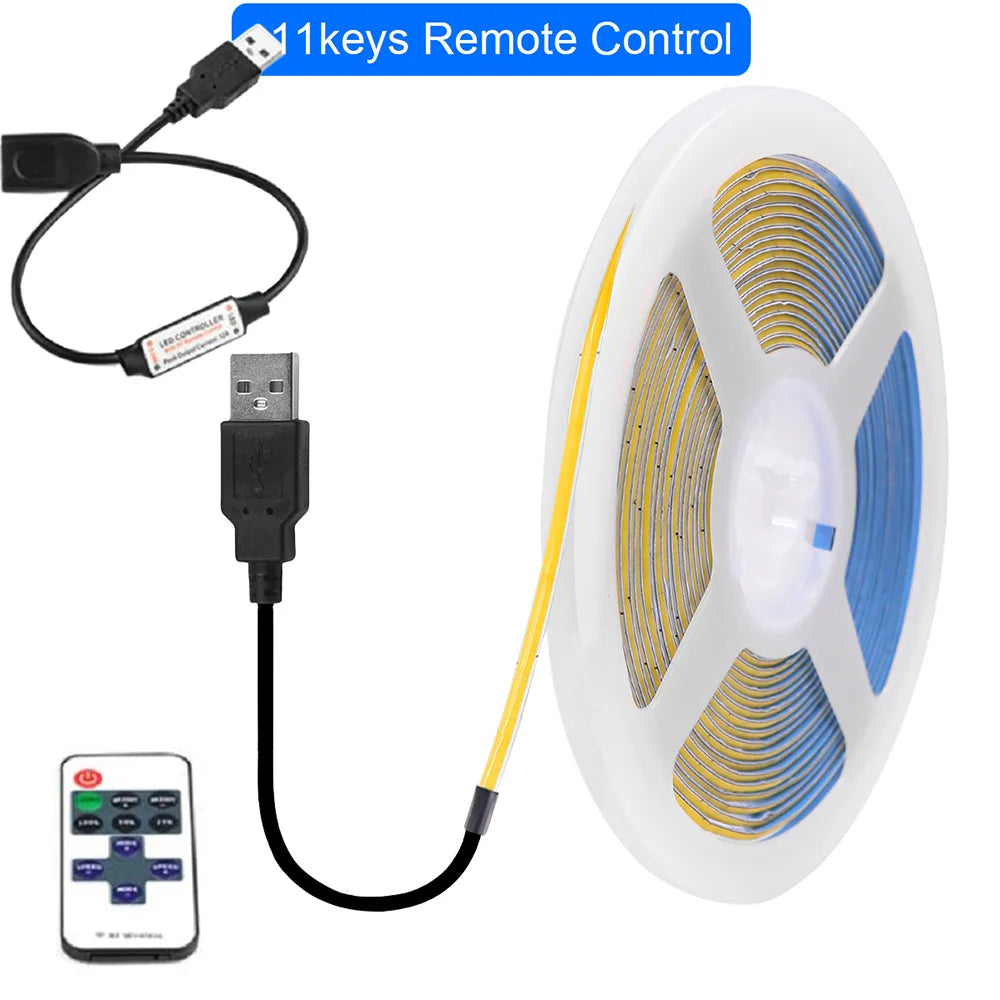 DC 5V USB COB LED Strip Light 320 LED/m 3mm PCB CRI 90 IP33 0.5m to 5m Warm White Natural White Cool White Red Blue Pink Ice Blue Dimmable Flexible Tape