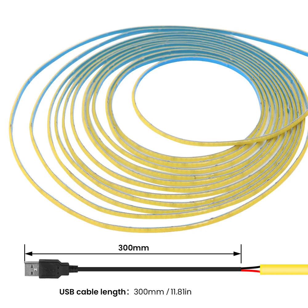 DC 5V USB COB LED Strip Light 320 LED/m 3mm PCB CRI 90 IP33 0.5m to 5m Warm White Natural White Cool White Red Blue Pink Ice Blue Dimmable Flexible Tape