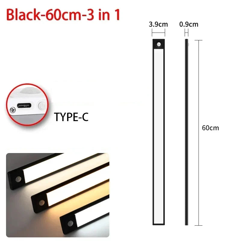 Ultra Thin Rechargeable LED Under Cabinet Light Motion Sensor 54 LED 3 Color Temperatures Stepless Dimming Magnetic Mount Type-C 20cm to 60cm