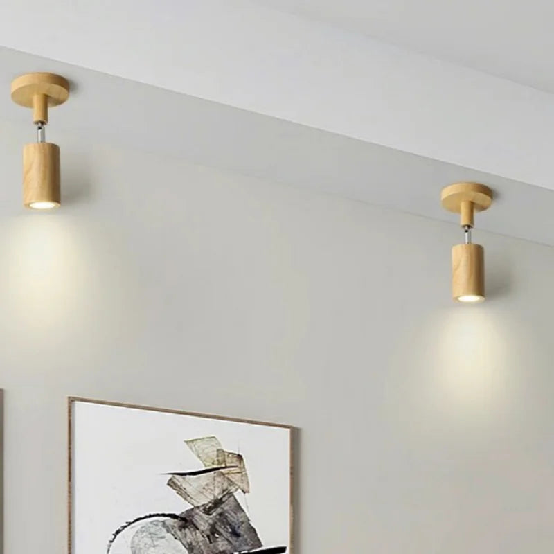 Japanese Minimalist Wood Cylinder LED Ceiling Spotlight Rotatable Surface Mount AC 90-260V