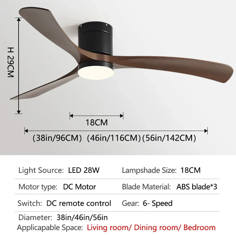 DC Motor Ceiling Fan with Light 38 46 56 Inch 3 Blade Remote Control AC 110-220V