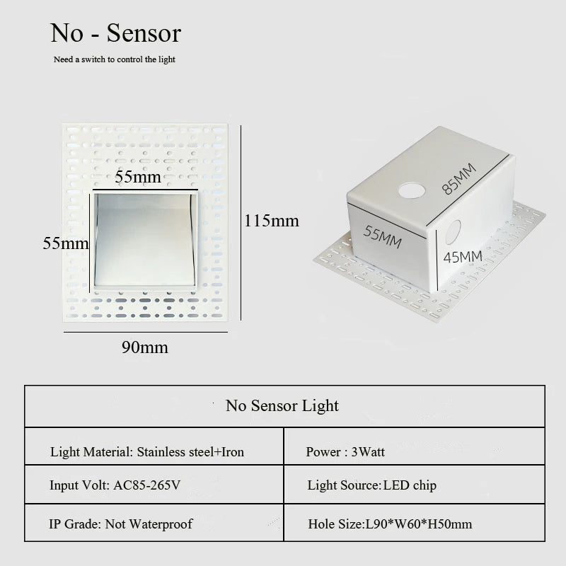 Frameless LED Recessed Step Stair Wall Light 3W PIR Motion Sensor or No Sensor AC 100-240V Warm White Natural White Cool White White Black Indoor