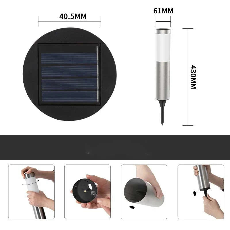 Solar LED Garden Post Lawn Light IP65 Stainless Steel PP 600mAh NiMH 8 to 15 Hour Runtime 43cm Pathway Courtyard Driveway Silver