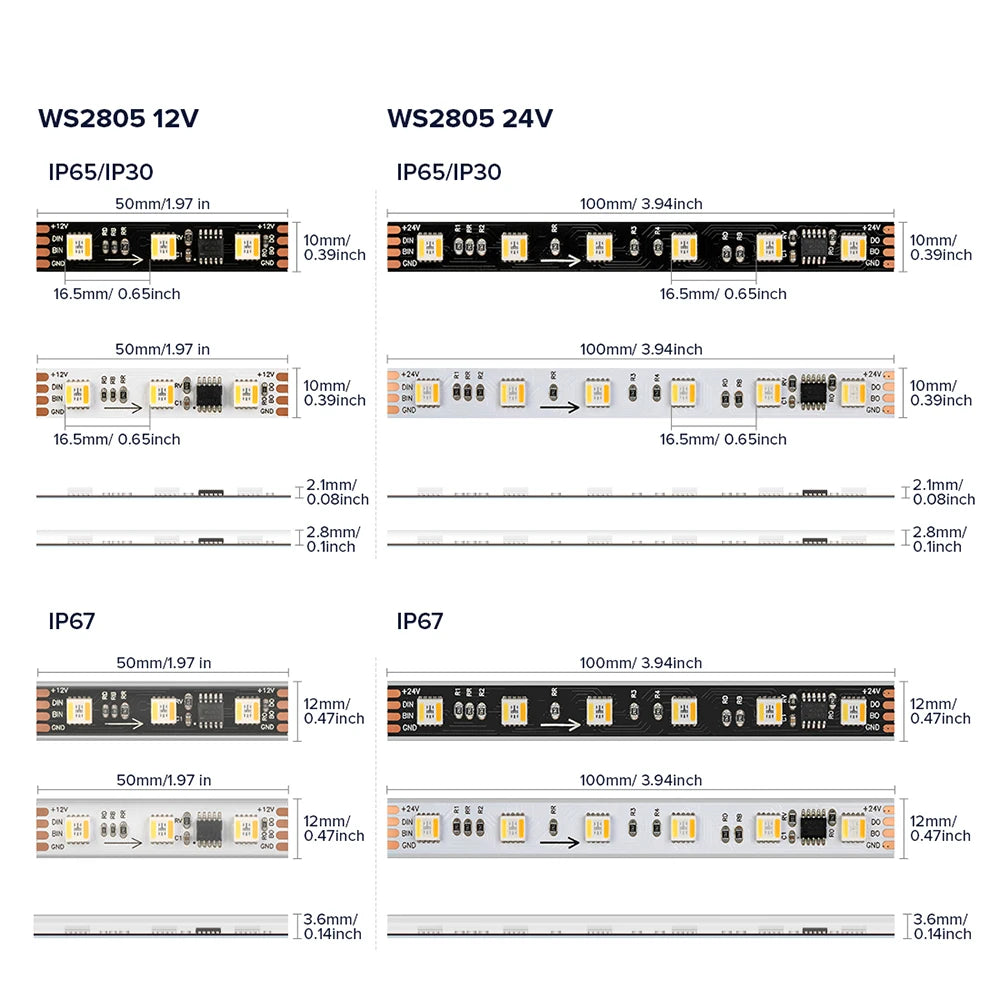 WS2805 RGBCCT Addressable Pixel LED Strip 5-in-1 SMD5050 60/84 LED/m DC12V 24V 1m 3m 5m