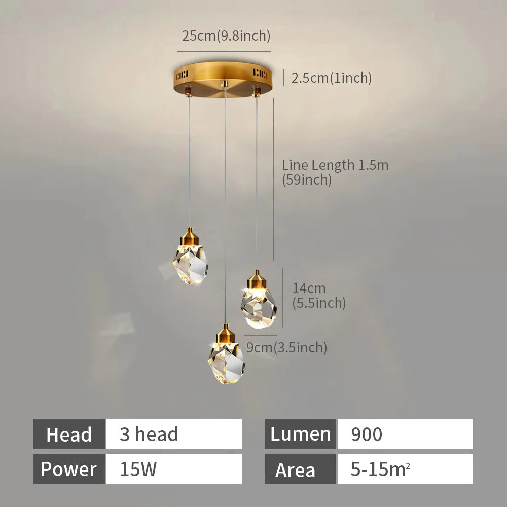 Modern Crystal Raindrop LED Chandelier Pendant Light 5 Head Gold Aluminum Cord Pendant AC 90-260V Living Room Dining Room