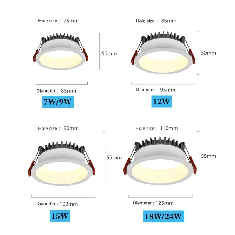 Dimmable Anti-Glare COB LED Recessed Downlight 7W 9W 12W 15W 18W 24W CRI >92