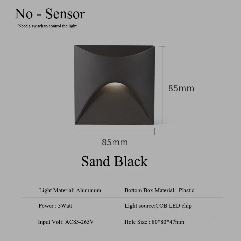 3W IP65 Recessed LED Stair Step Wall Lamp 85mm AC 100-240V White Black Gray Warm Cool White