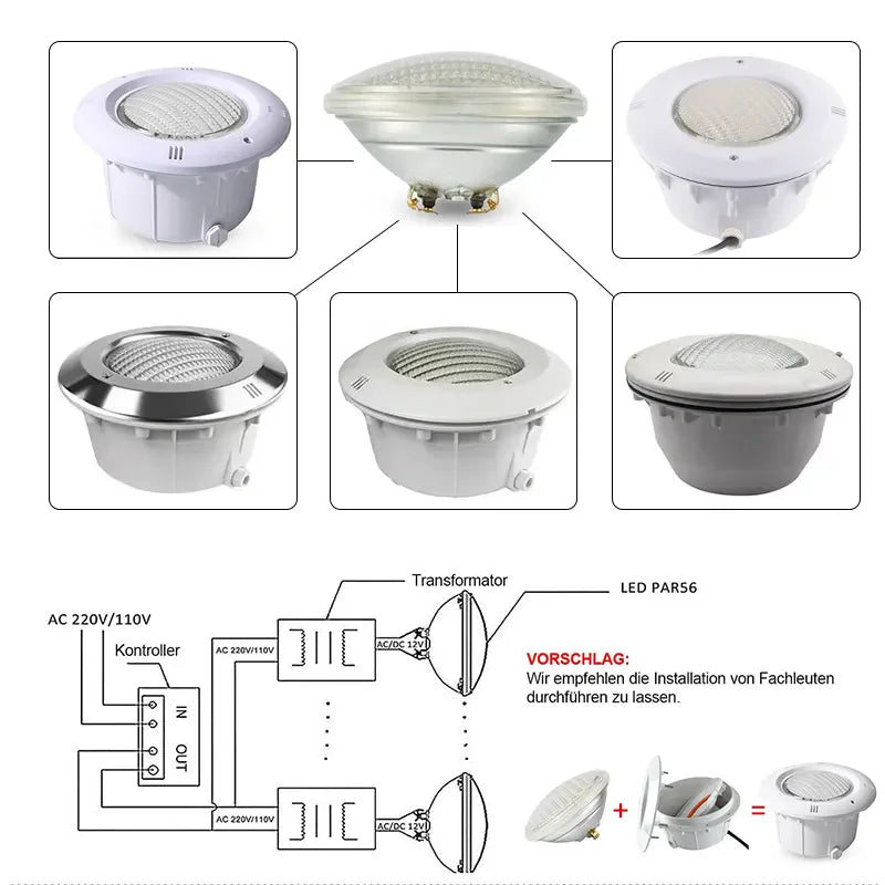 PAR56 LED Pool Light 18W 36W 54W IP68 AC 12V RGB Remote Warm White Blue D178mm PL-007