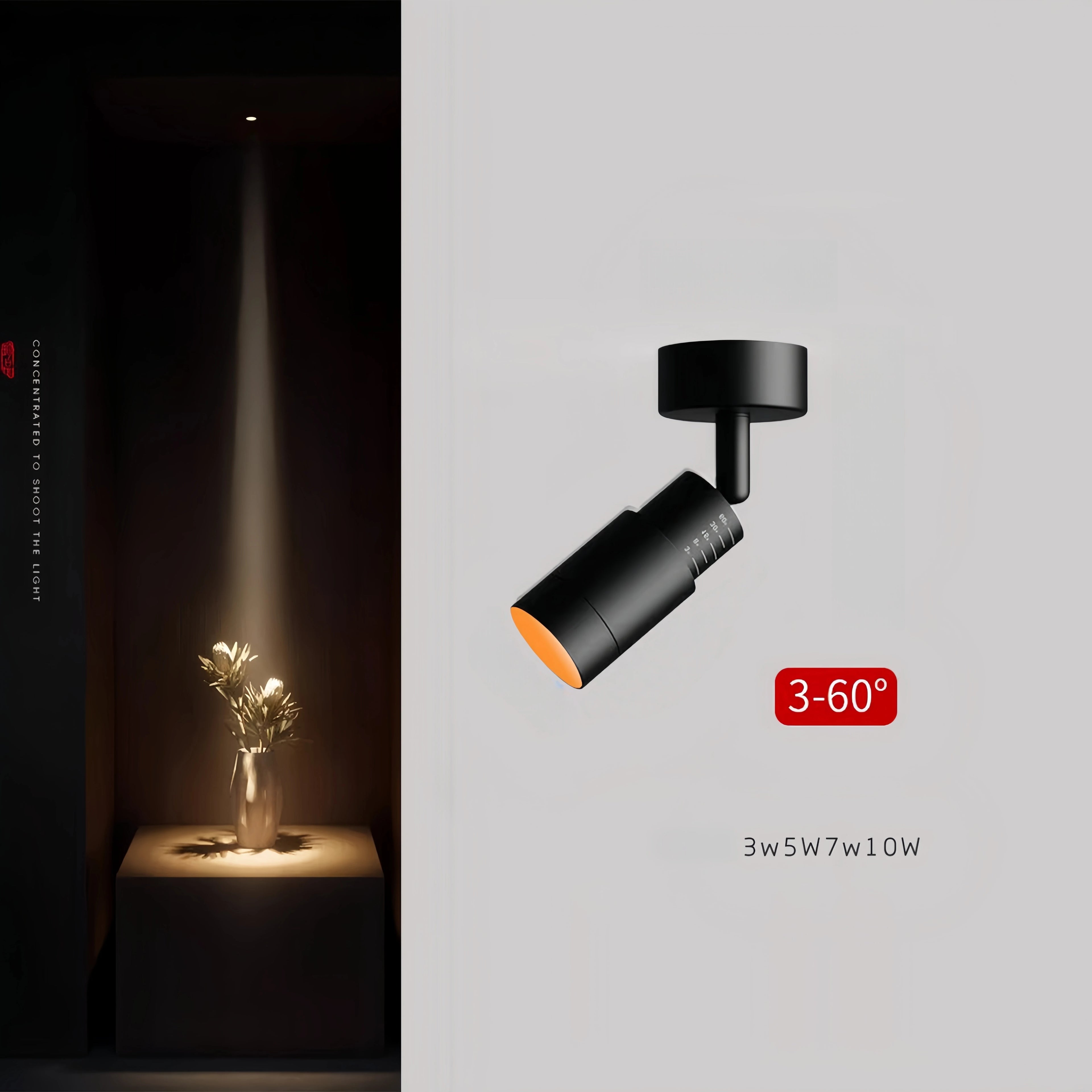3°-60° Zoom LED Surface Mounted Spotlight Adjustable Beam Aluminum AC 90-260V 3-5m²