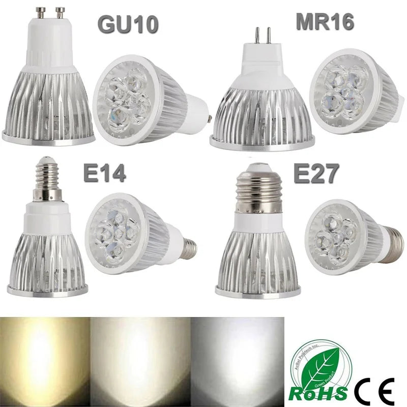 9W 12W 15W Multi-Chip LED Spotlight GU10 E27 E14 MR16 CRI 80+ 45-60° AC 85-265V 3-Color