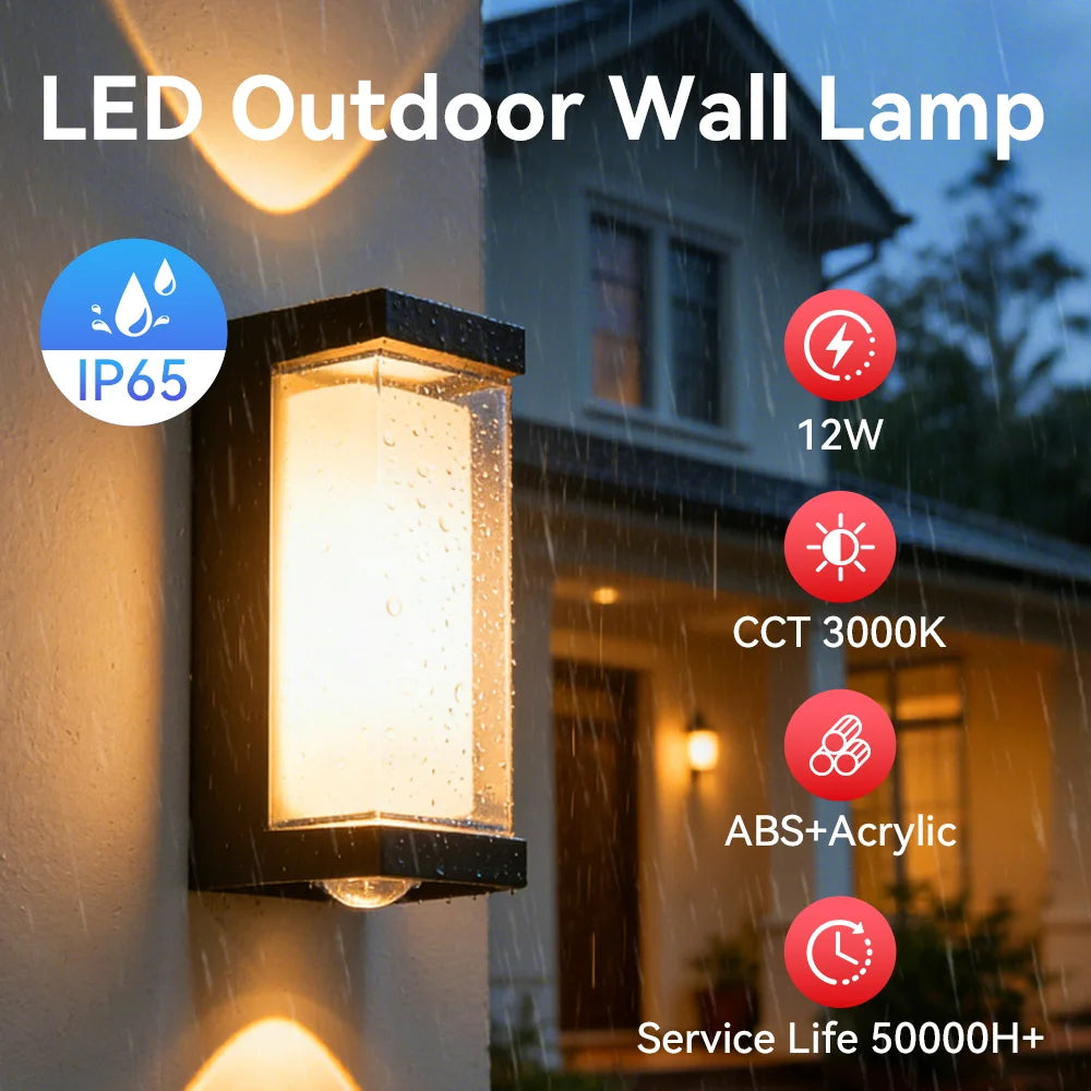 IP65 Waterproof LED Outdoor Wall Sconce 12W Warm White 3000K ABS AC 85-265V Porch Courtyard Garden Black White