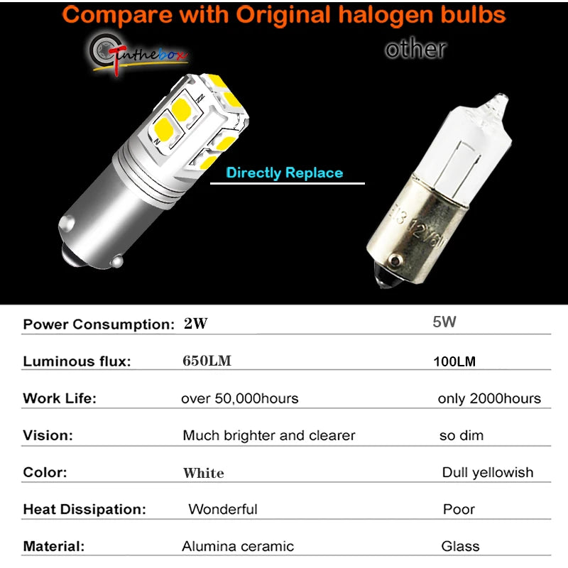 Gtinthebox BA9S BAX9S BAY9S H21W LED Bulb 10-SMD3030 500lm 2W Canbus 12-24V 2-Pack