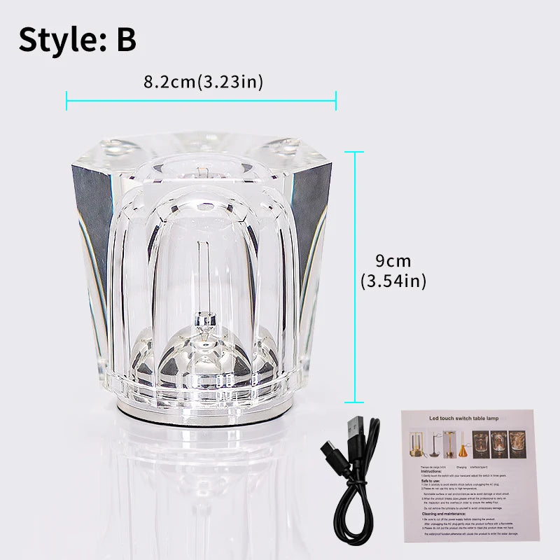 Crystal LED Rechargeable Table Lamp Touch Switch 3 Brightness Modes Type C USB 5V Warm White Bedroom Bedside Bar