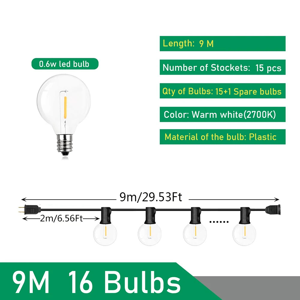 G40 LED Outdoor String Lights IP44 Dimmable 0.6W Warm White Connectable 9m 14m 26m