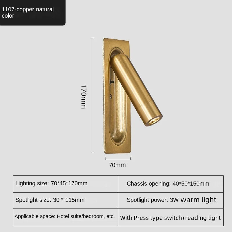 Recessed LED Reading Wall Lamp 3W 35 Degree USB 5V 2.1A Charging Port Toggle Switch Aluminum 80 x 40 x 185mm AC 85-265V Bedroom Hotel Black Copper