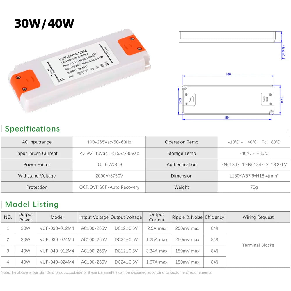 Ultra-Slim LED Driver Transformer 6W 12W 15W 20W 30W 50W 60W AC 110-240V to DC 12V 24V