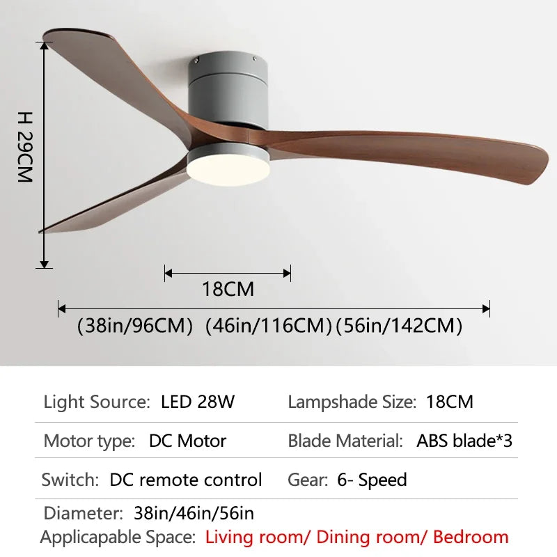 DC Motor Ceiling Fan with Light 38 46 56 Inch 3 Blade Remote Control AC 110-220V