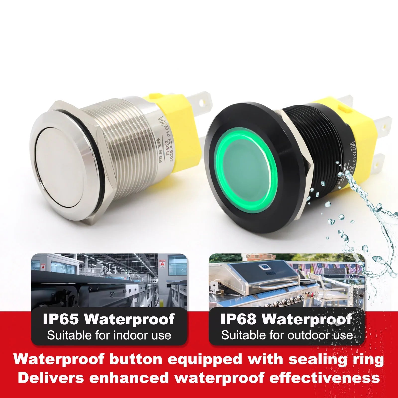IP68 Waterproof Stainless Steel Push Button Switch 19mm 22mm 20A Momentary LED 12V 24V 110V 220V 4 Pin 20cm Wire 5 Colors
