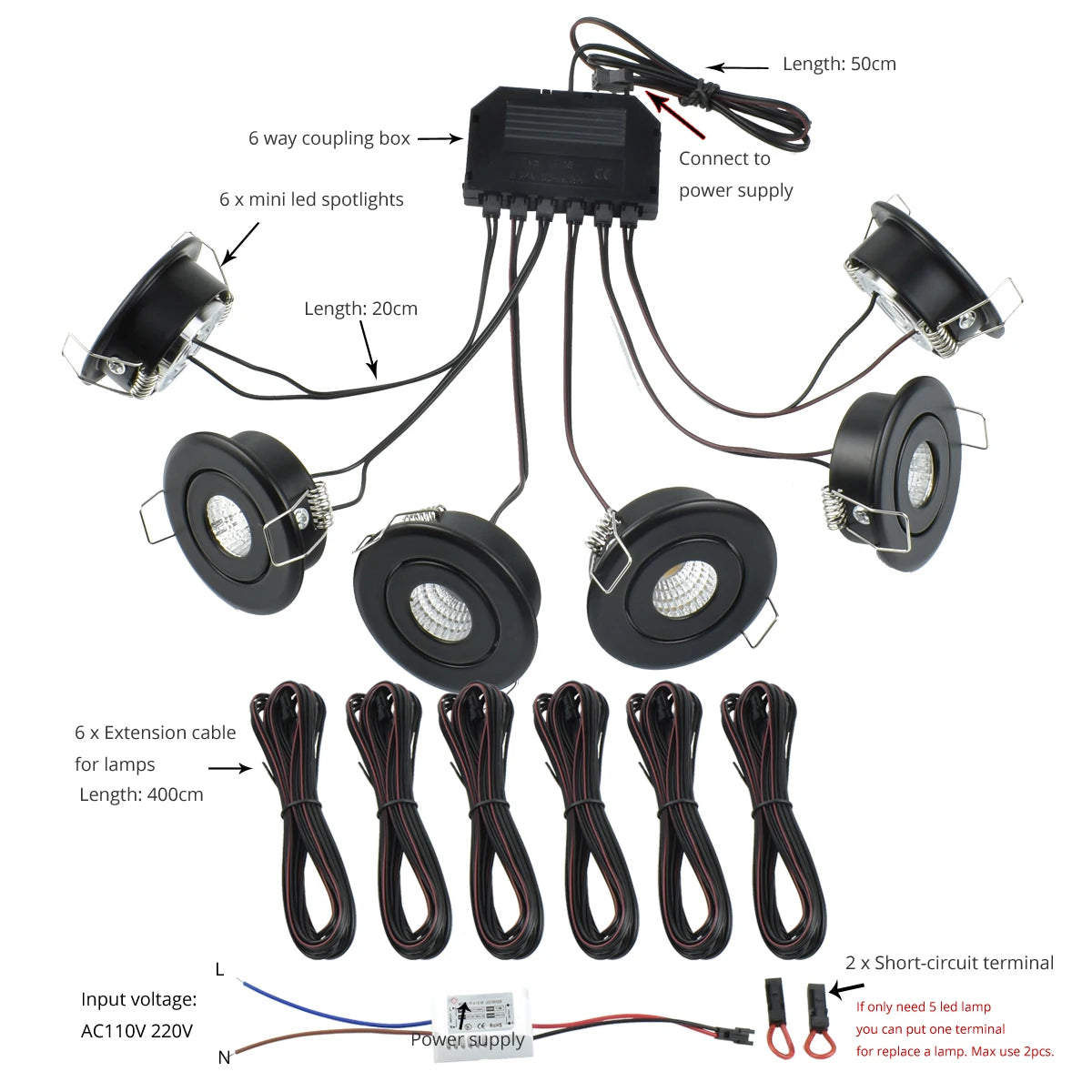 6-Pack 3W COB Mini LED Downlight Kit Dimmable 40-45mm Cutout 4m Cable AC 86-265V Remote