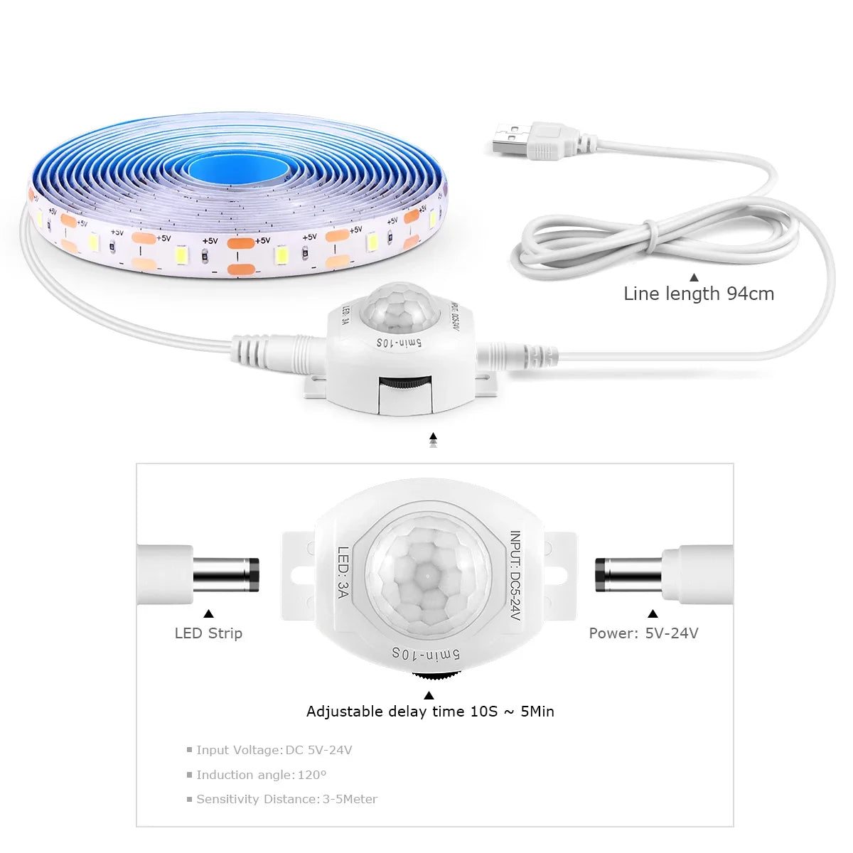 USB 5V LED Strip Light with PIR Motion Sensor SMD 2835 IP65 Waterproof 60 LED/m 1m 2m 3m Warm White Cool White Adjustable Delay