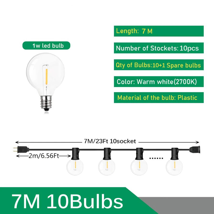 G40 LED Outdoor String Lights IP44 Dimmable 0.6W Warm White Connectable 9m 14m 26m