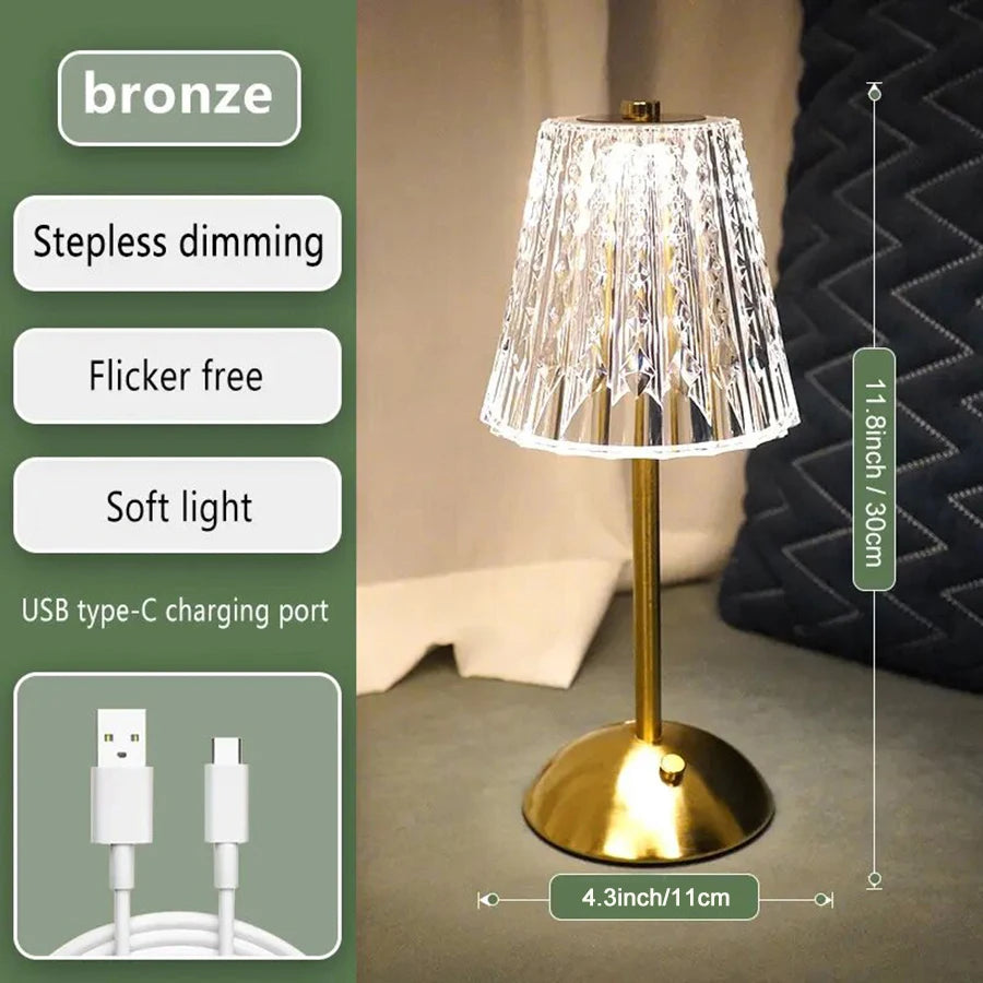 Crystal LED Rechargeable Table Lamp 3W Touch Dimmable 3 Color Temperatures USB-C Iron Base PMMA Shade IP20 Bedroom Bedside