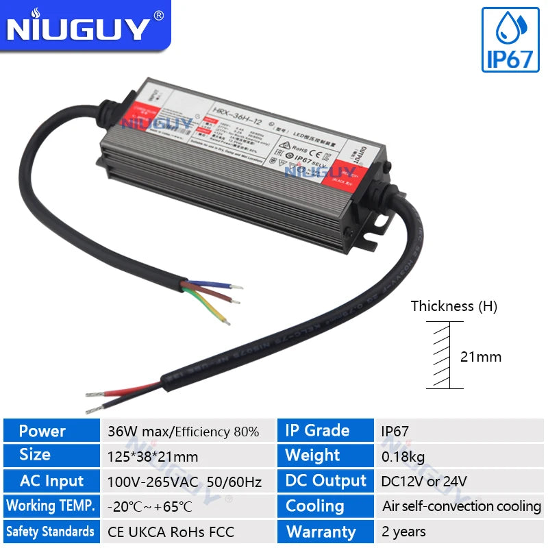 IP67 Ultra-Thin LED Power Supply DC 12V 24V 36W-400W AC 100-265V Flicker-Free EMI Filter