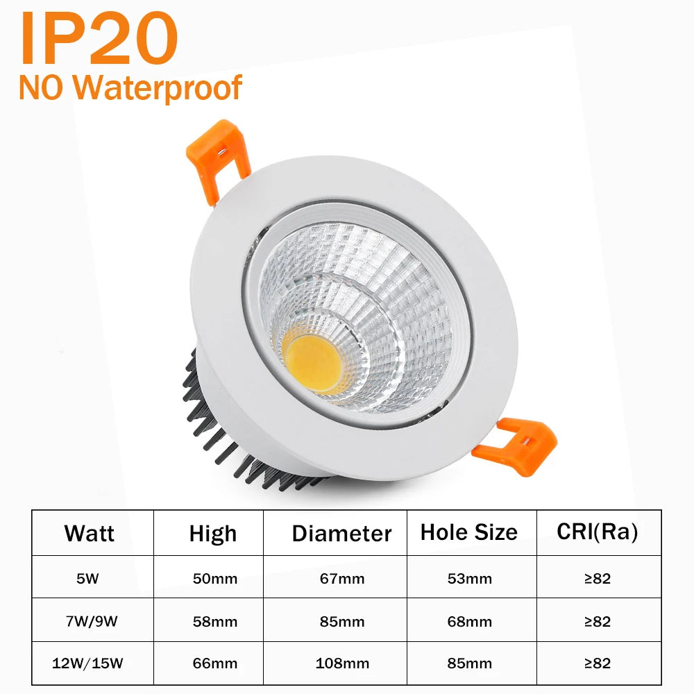 IP65 Waterproof COB LED Recessed Downlight 5W 7W 12W 15W CRI >90 Anti-Glare 85-265V